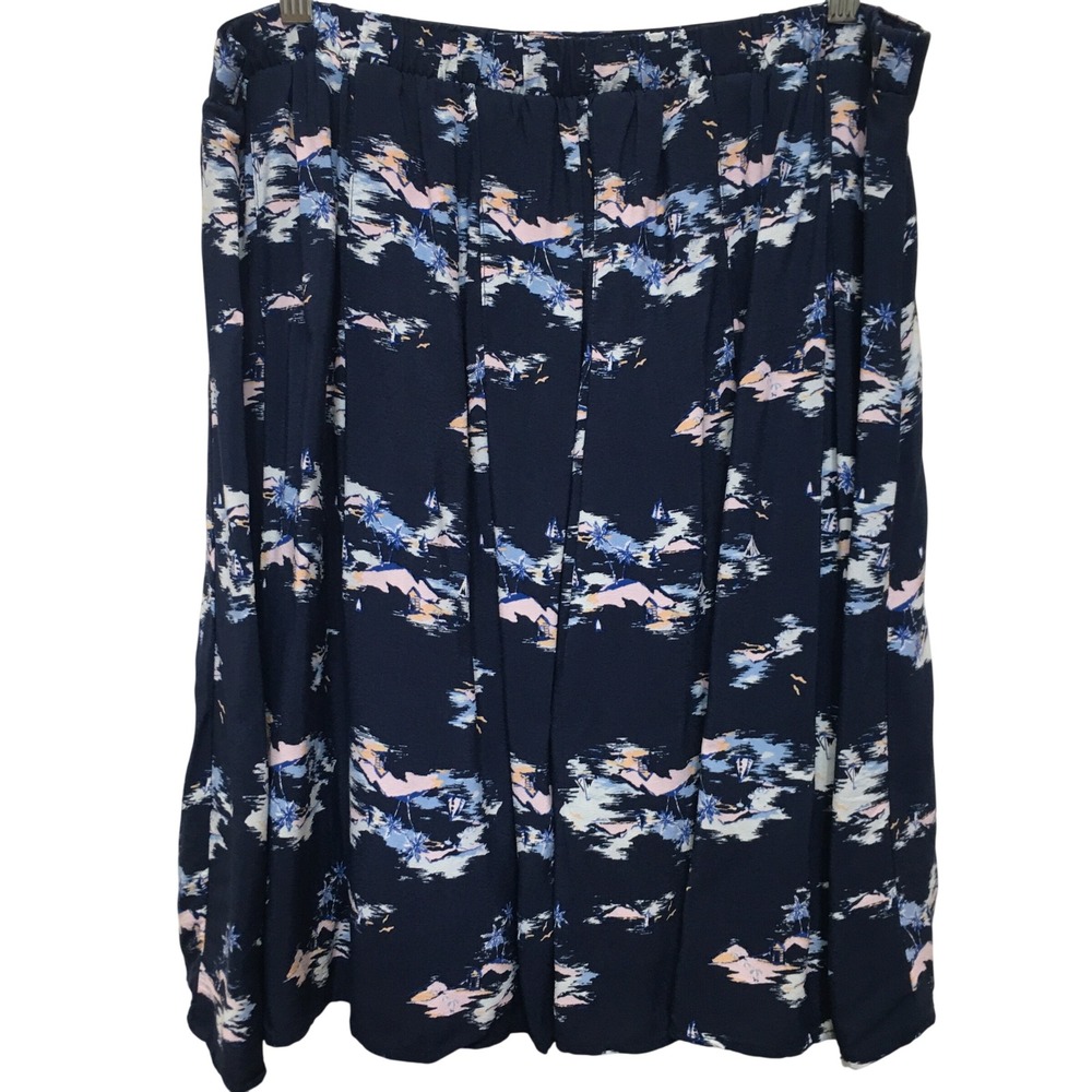 Old Navy Tropical Pleated Full Skirt Women's Large Navy Blue Coastal Beachy Boho